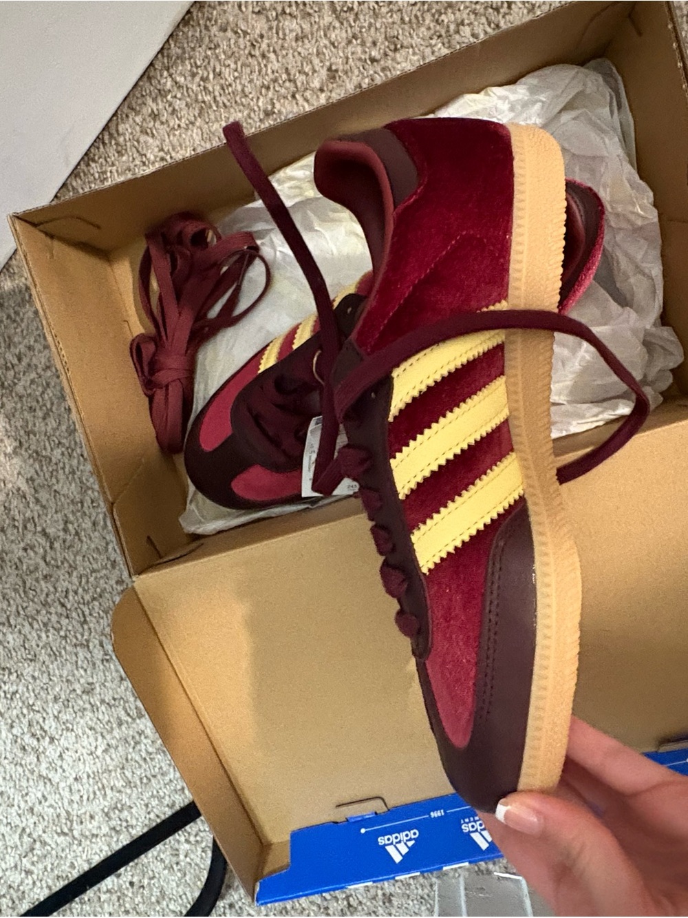adidas Samba Sneakers in Burgundy with Yellow Stripes - Picture 3 of 5